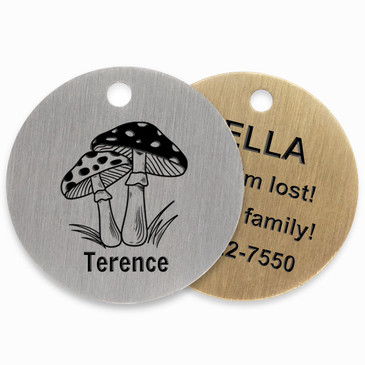 Front and Back of Modest Mushrooms Pet Tag Front and Back of Modest Mushrooms Pet Tag